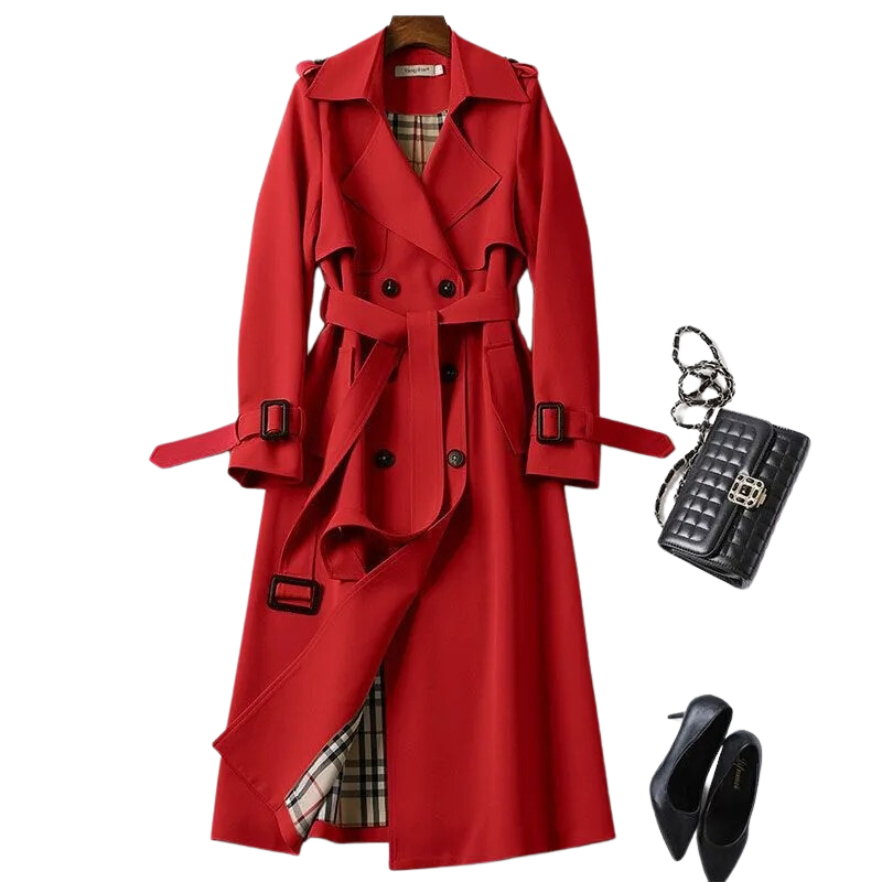 Damen-Trenchcoat mit doppelter Knopfleiste und Gürtel | Lange