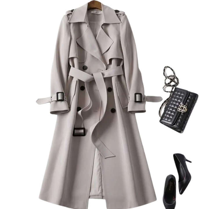 Damen-Trenchcoat mit doppelter Knopfleiste und Gürtel | Lange