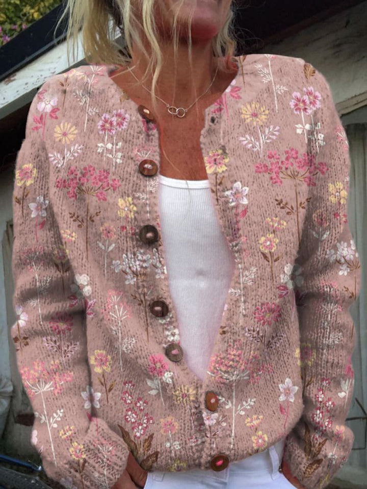 Damen Blumenmuster Strickjacke | Rundhalsausschnitt