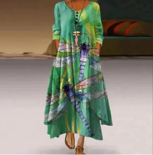 Bedrucktes Sommerkleid Mit 3/4 Ärmeln Für Damen | Midi