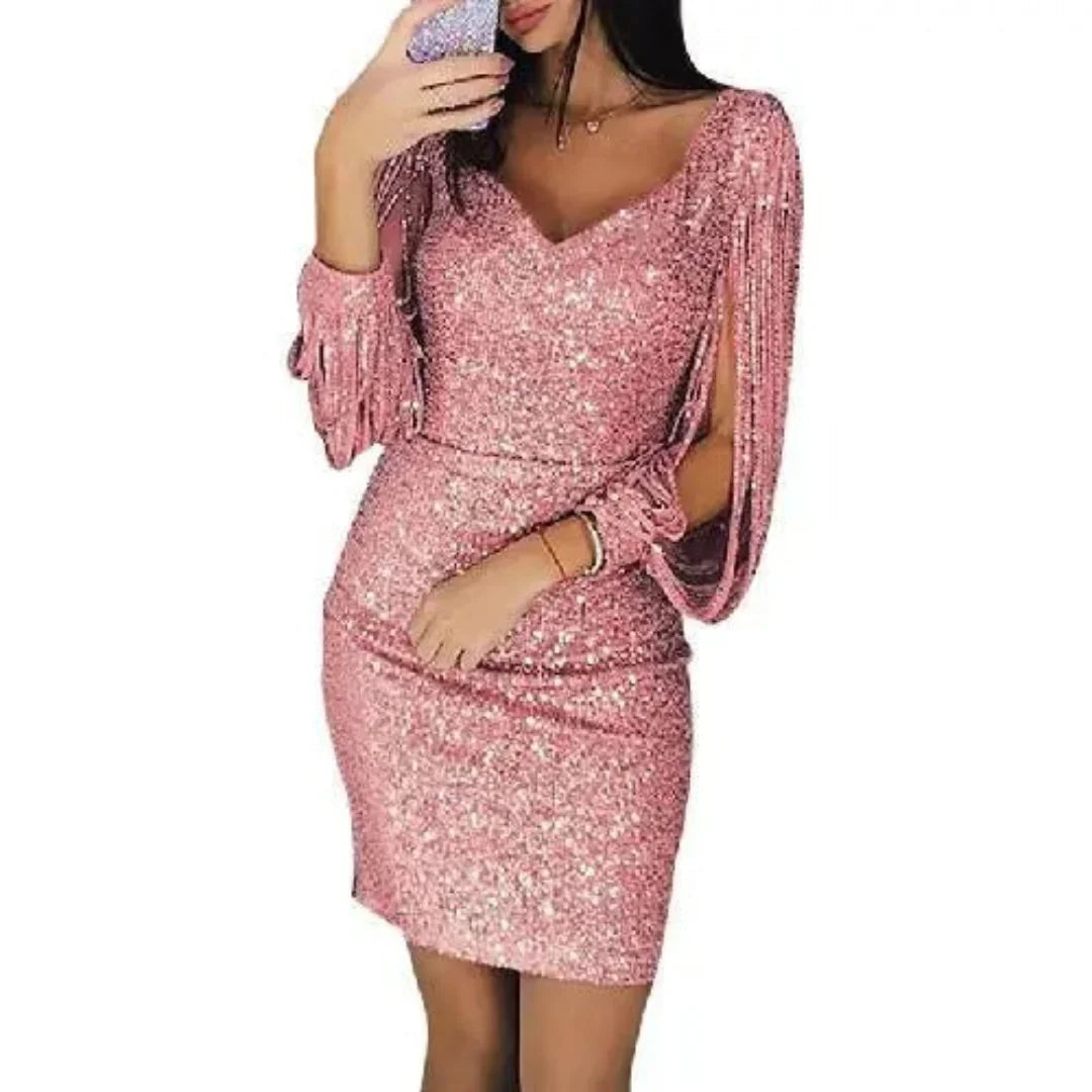Damen V-Ausschnitt Paillettenkleid | Mini