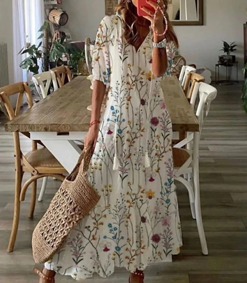 Damen Bohemian 3/4 Ärmel Kleid | Maxi