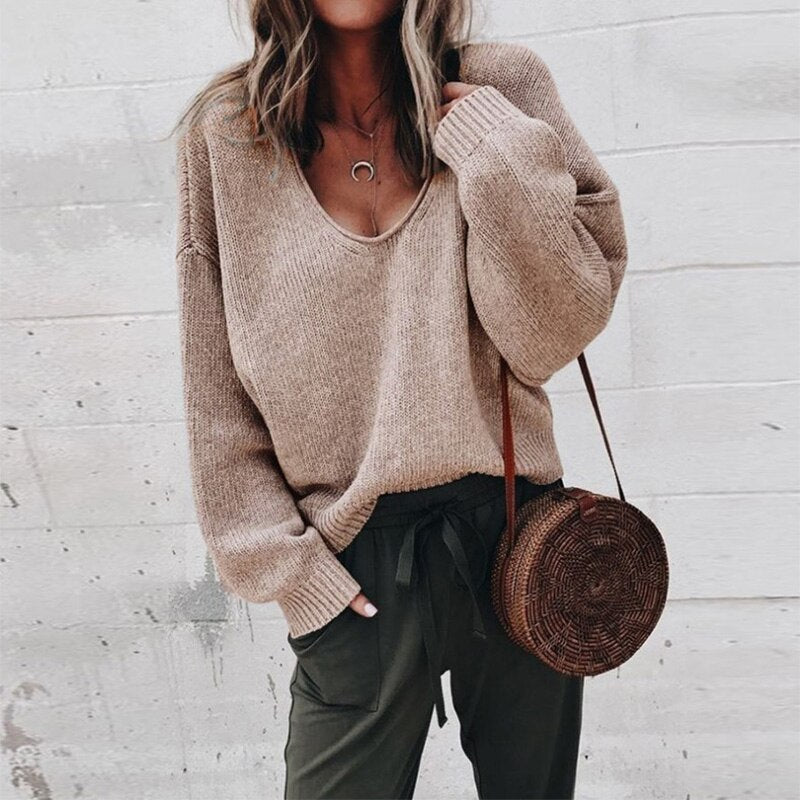 Damen Lässig V-Ausschnitt Strick Pullover | Lange Ärmel