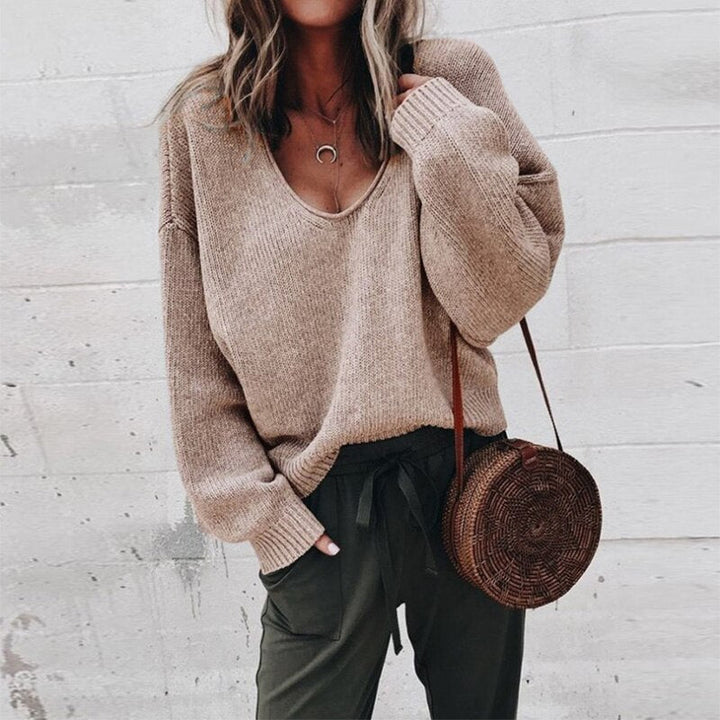 Damen Lässig V-Ausschnitt Strick Pullover | Lange Ärmel