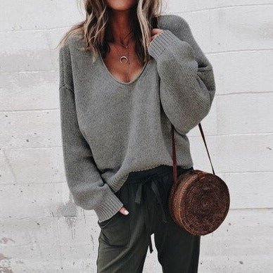 Damen Lässig V-Ausschnitt Strick Pullover | Lange Ärmel