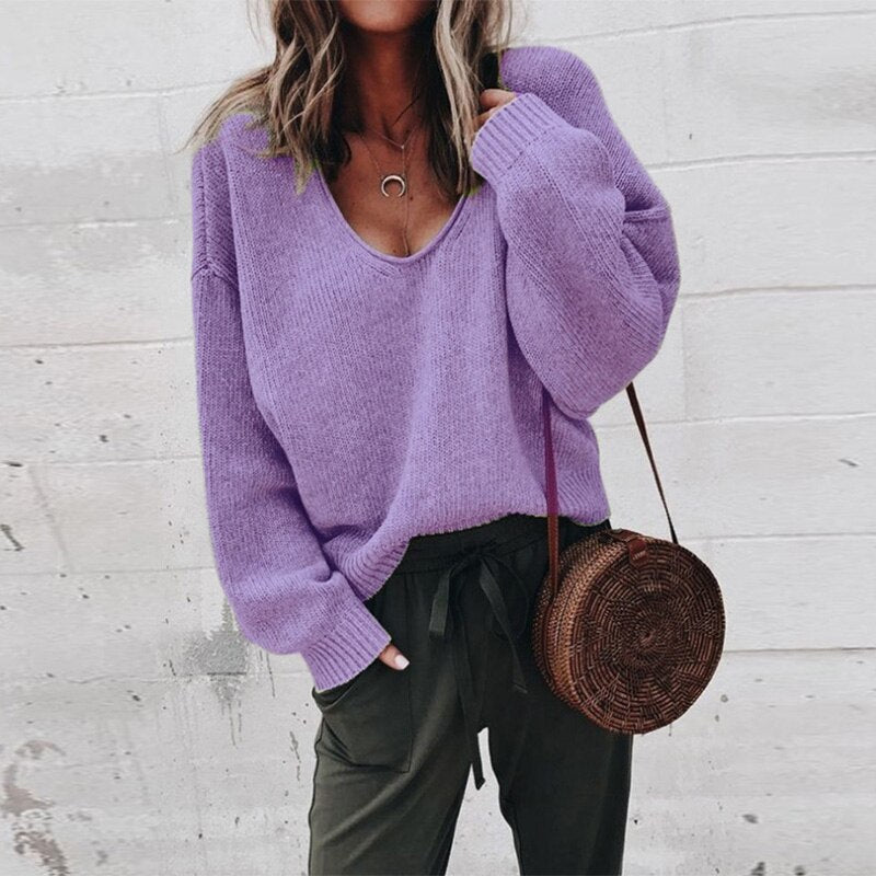 Damen Lässig V-Ausschnitt Strick Pullover | Lange Ärmel