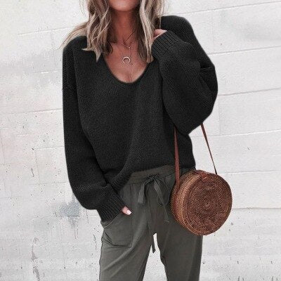Damen Lässig V-Ausschnitt Strick Pullover | Lange Ärmel