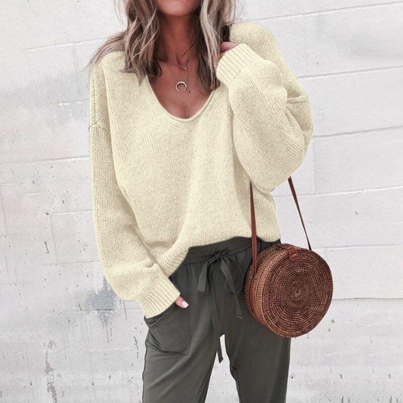 Damen Lässig V-Ausschnitt Strick Pullover | Lange Ärmel