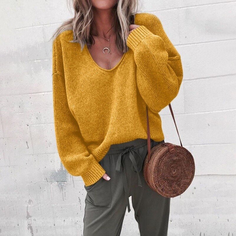 Damen Lässig V-Ausschnitt Strick Pullover | Lange Ärmel