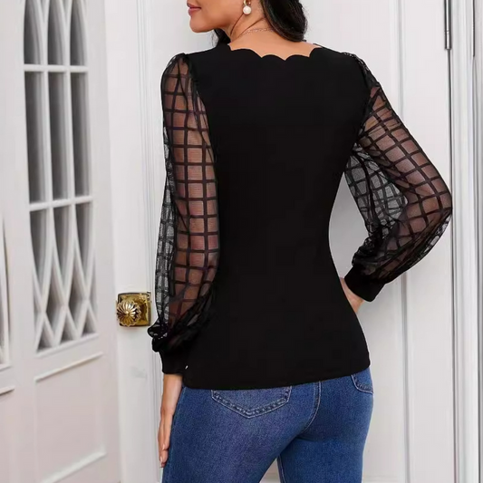 Damen Elegante Top Mit V-Ausschnitt Und Schultrand | Langarm