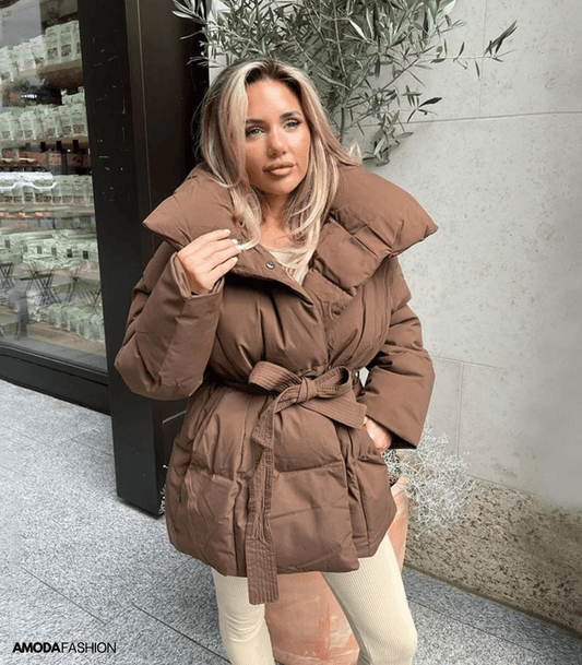 lange Pufferjacken mit Taillengürtel - Amodafashion
